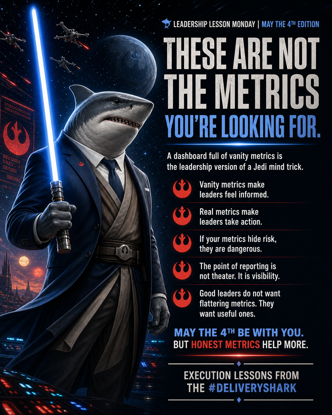 Shark in Jedi robes with a blue lightsaber and X-wing backdrop
