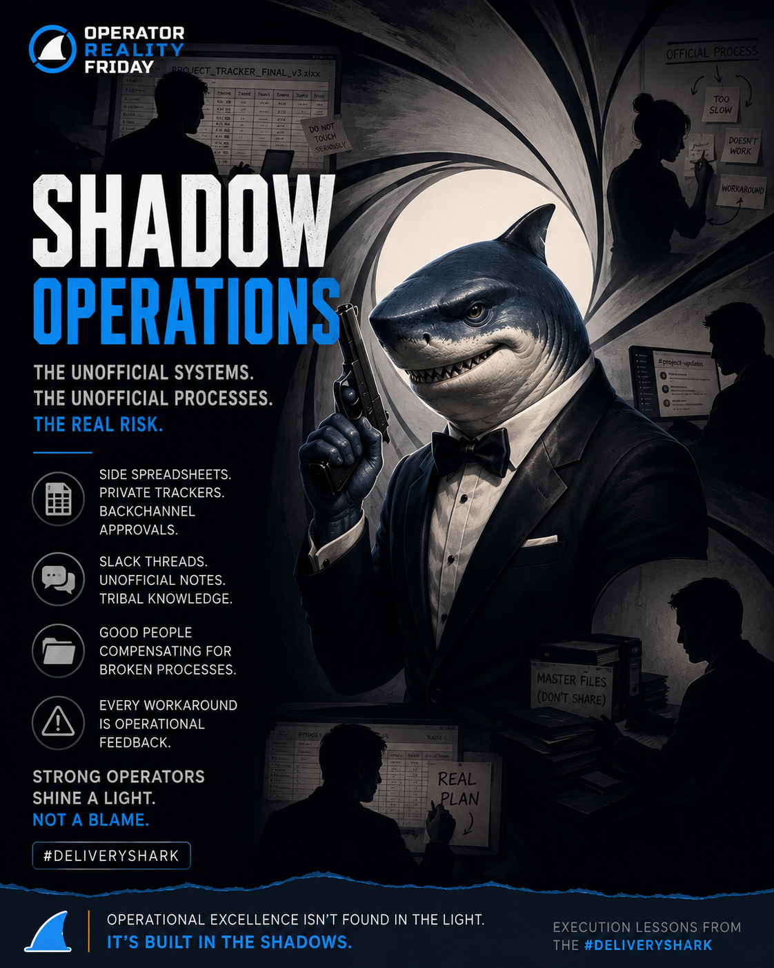 Shark in tuxedo in James Bond gun-barrel framing with Project Tracker Final v3 spreadsheets behind